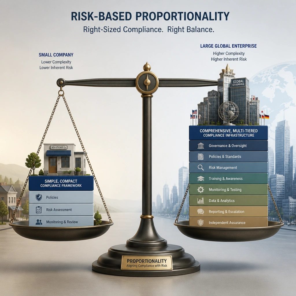 A scale showing a small company on one side balanced with a simple, compact compliance framework, and a large global enterprise on the other side balanced with a comprehensive, multi-tiered compliance infrastructure, representing risk-based proportionality.