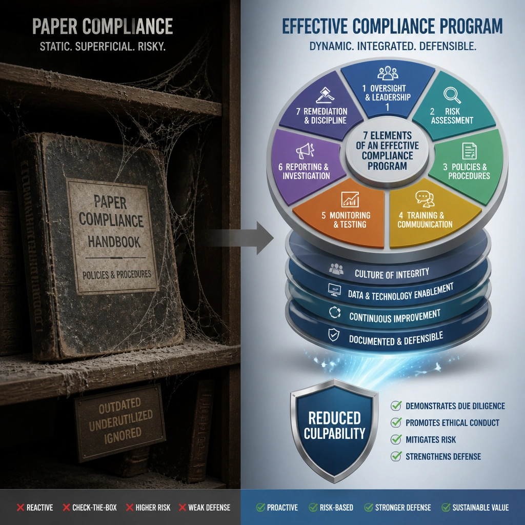 A visual contrast showing a "Paper Compliance" handbook gathering dust on a shelf versus an active, multi-layered compliance wheel representing the 7 elements of an effective compliance program (oversight, training, monitoring, etc.) leading to a shield labeled "Reduced Culpability."