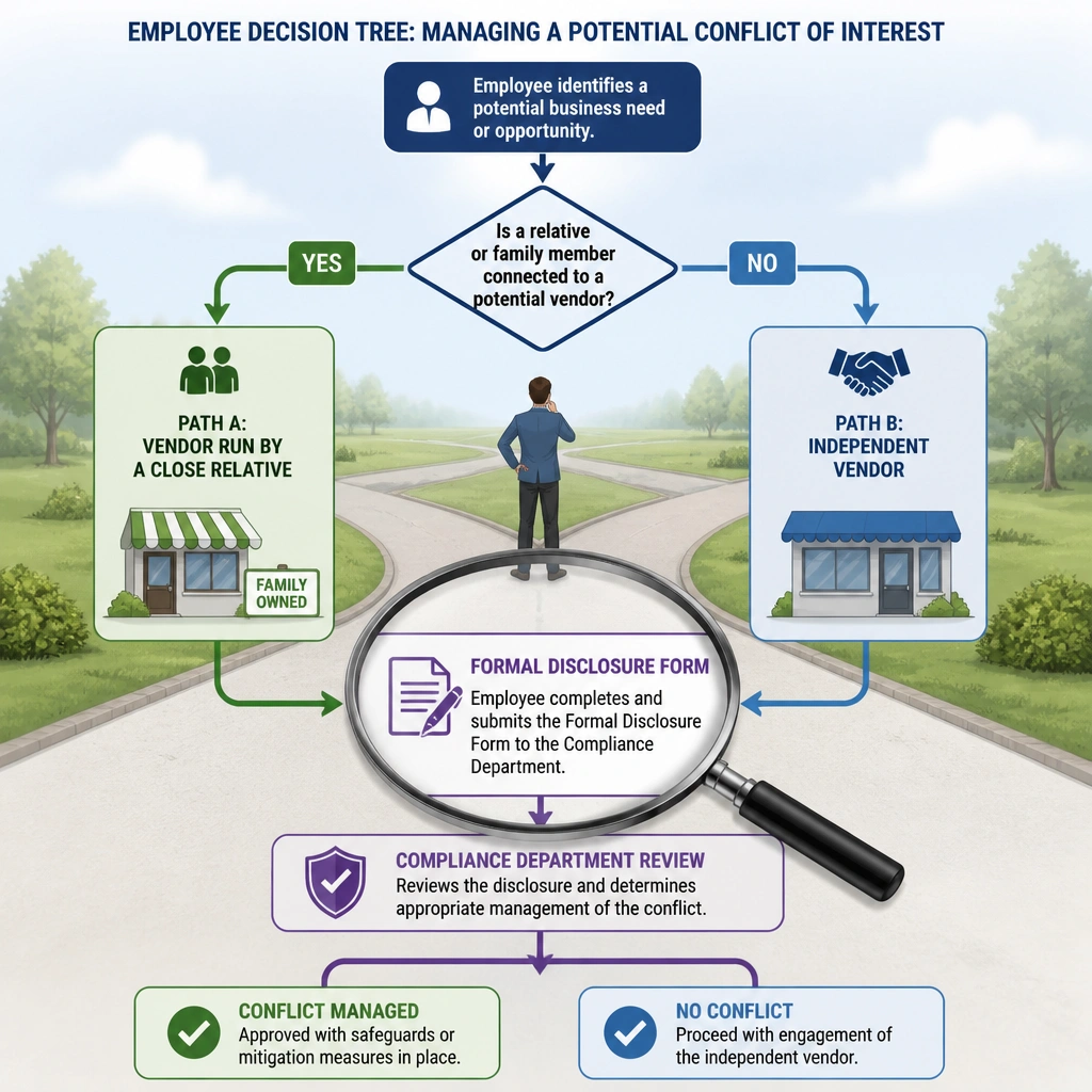 A decision tree diagram showing an employee at a crossroads: one path leads to a vendor run by a close relative, and the other leads to an independent vendor. A magnifying glass highlights the step of "Formal Disclosure Form" submitted to the compliance department to resolve the conflict.