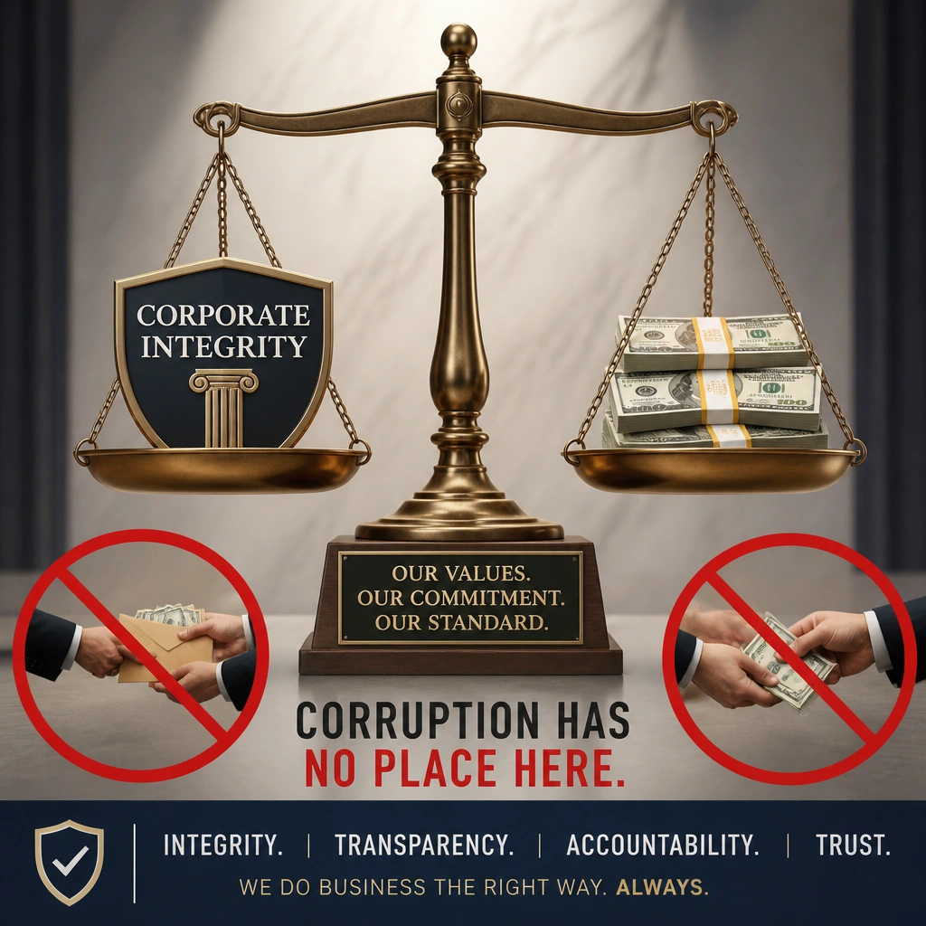 A scale of justice with corporate integrity on one side and a stack of money on the other. Red slash symbols cross out hands exchanging money, highlighting the absolute prohibition of corrupt payments.