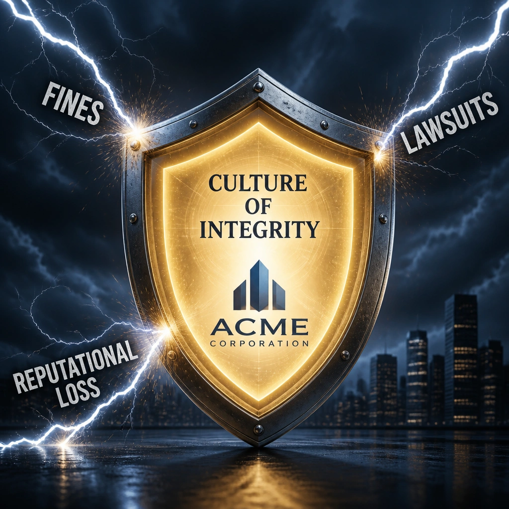 A shield protecting a corporate logo from external lightning bolts labeled "Fines," "Lawsuits," and "Reputational Loss," with the core of the shield glowing and labeled "Culture of Integrity."