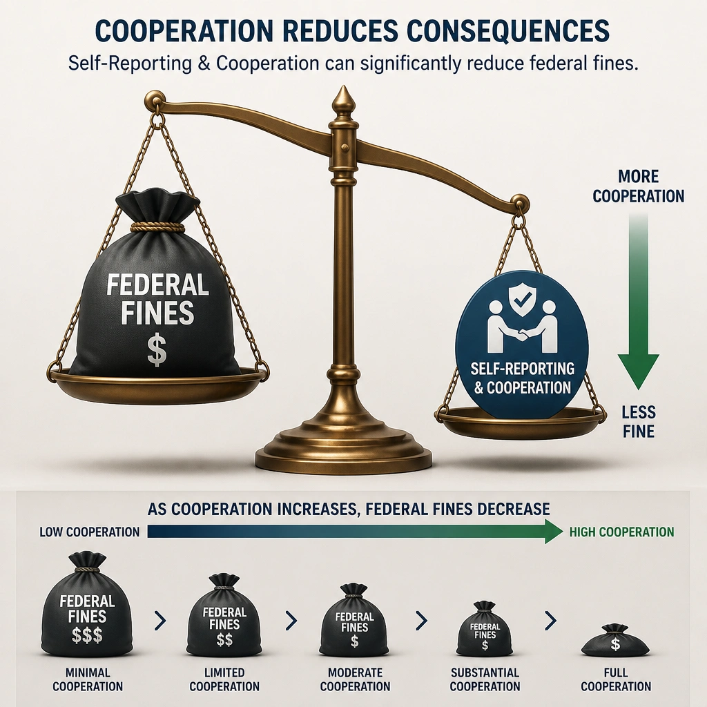 A balance scale showing a "Self-Reporting & Cooperation" icon pulling down the weight of a heavy bag labeled "Federal Fines," showing the fine shrinking as cooperation increases.