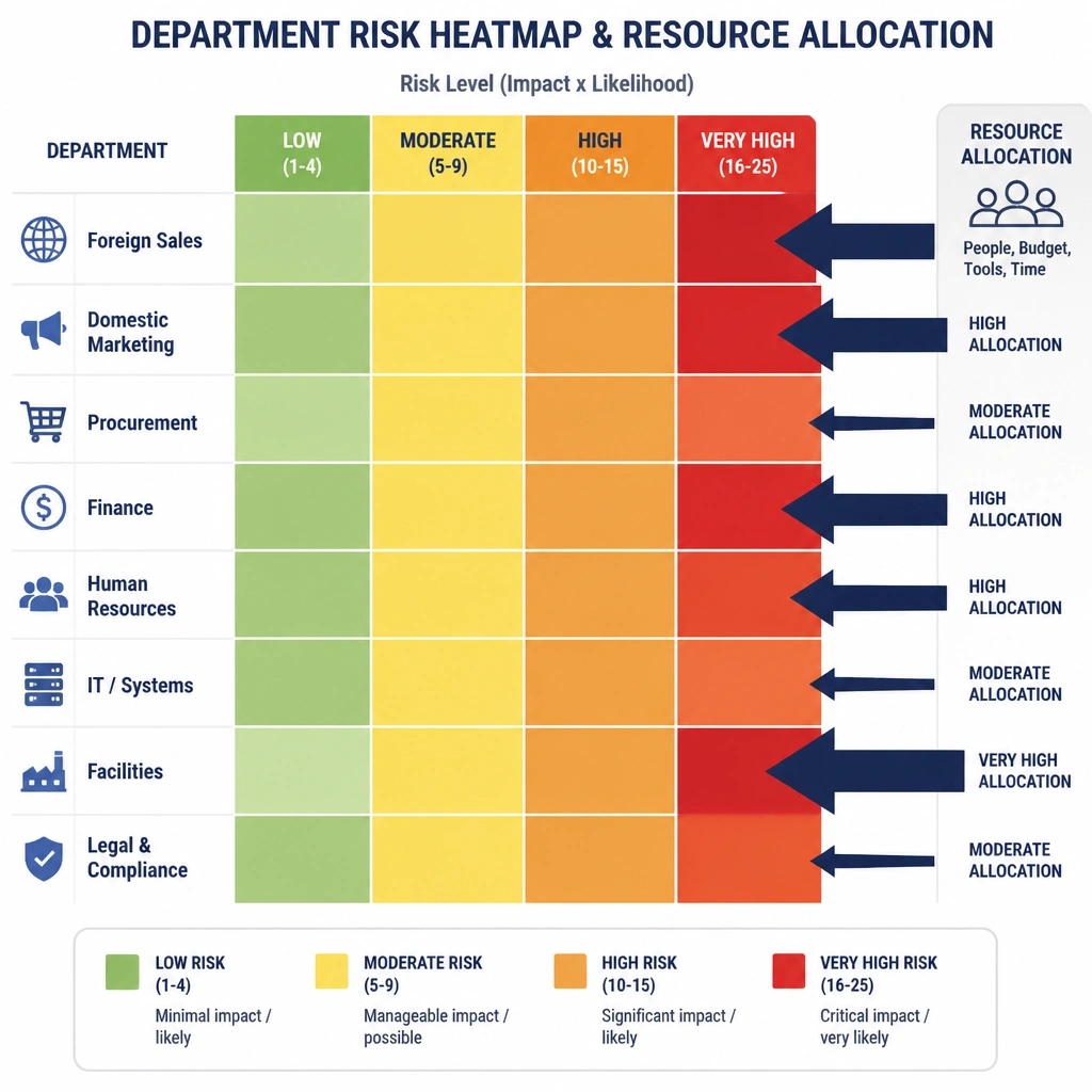 A heatmap chart showing various business departments (e.g., Foreign Sales, Domestic Marketing, HR, Facilities) colored by risk level, with large resource arrows directed toward the red "High Risk" zones.