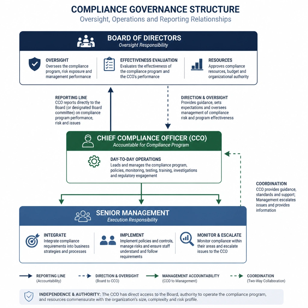 Governance structure diagram mapping the relationship between the Board of Directors (oversight, effectiveness evaluation, resources), the Chief Compliance Officer (day-to-day operations, reporting line), and senior management.