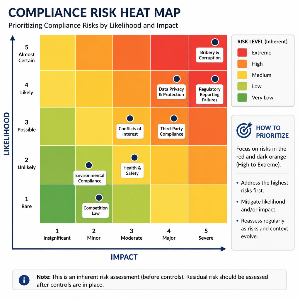 A risk heat map showing likelihood on one axis and impact on the other axis, with specific compliance risks (e.g., bribery, data privacy, health & safety) plotted to show how prioritization works.