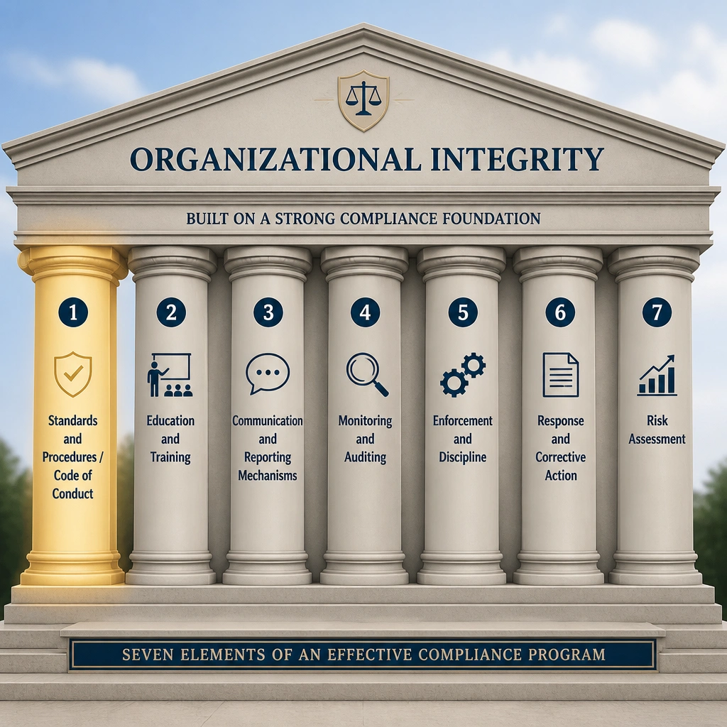 An illustration of the 'Seven Elements of an Effective Compliance Program' represented as pillars supporting a building labeled 'Organizational Integrity,' with the first pillar highlighted: 'Standards and Procedures / Code of Conduct'.