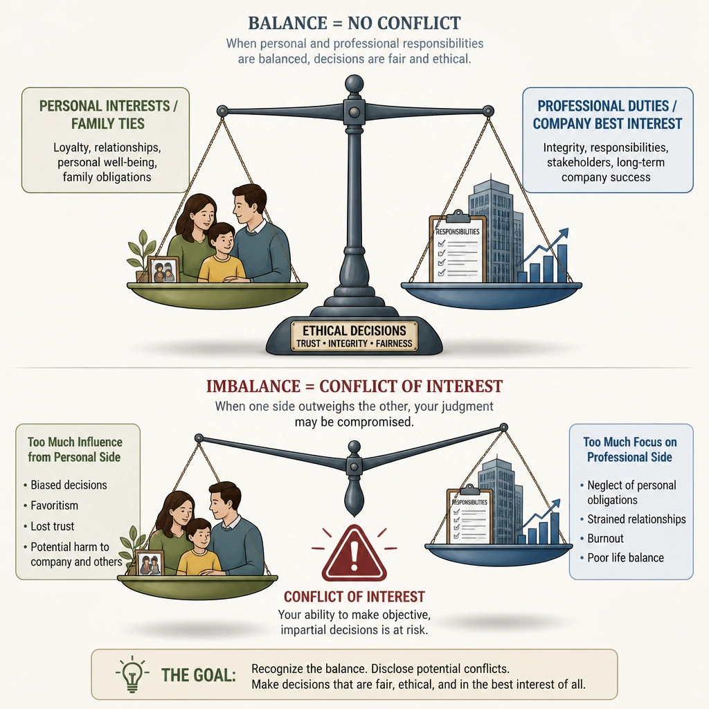 An illustration showing a scale balancing 'Personal Interests / Family Ties' against 'Professional Duties / Company Best Interest,' showing how an imbalance creates a conflict of interest.