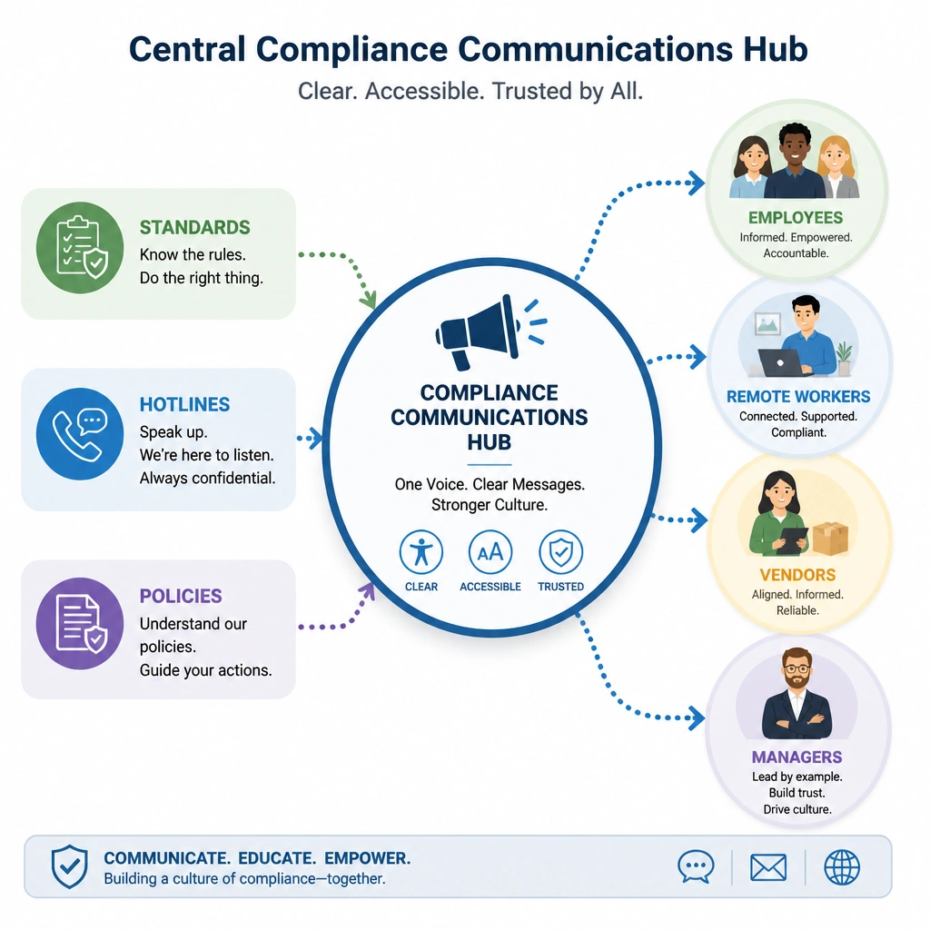 A graphic showing a central compliance communications hub sending clear, accessible messages (Standards, Hotlines, Policies) to diverse stakeholders (Employees, Remote Workers, Vendors, Managers).