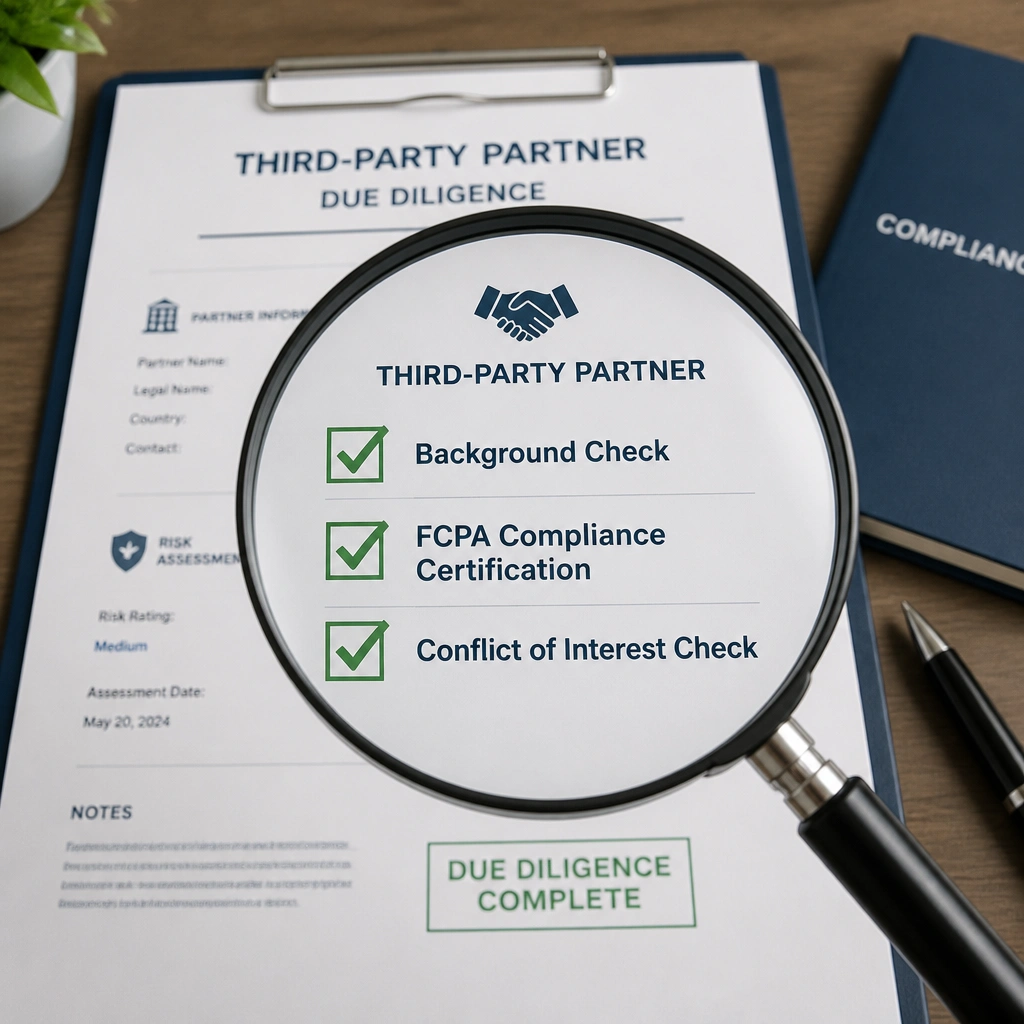 A magnifying glass focusing on a third-party partner document, with checkmarks next to 'Background Check,' 'FCPA Compliance Certification,' and 'Conflict of Interest Check' to illustrate due diligence.