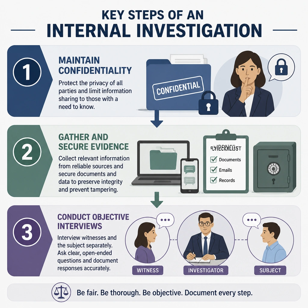 An illustration highlighting the key steps of an internal investigation: starting with maintaining confidentiality, gathering and securing evidence, and conducting objective interviews with witnesses and the subject in a structured sequence.