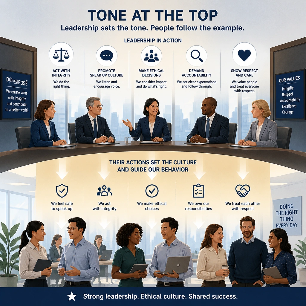 An illustration showing 'tone at the top' with corporate leaders (management and board) actively modeling ethical behavior, showing how their actions set the culture and guide employees.