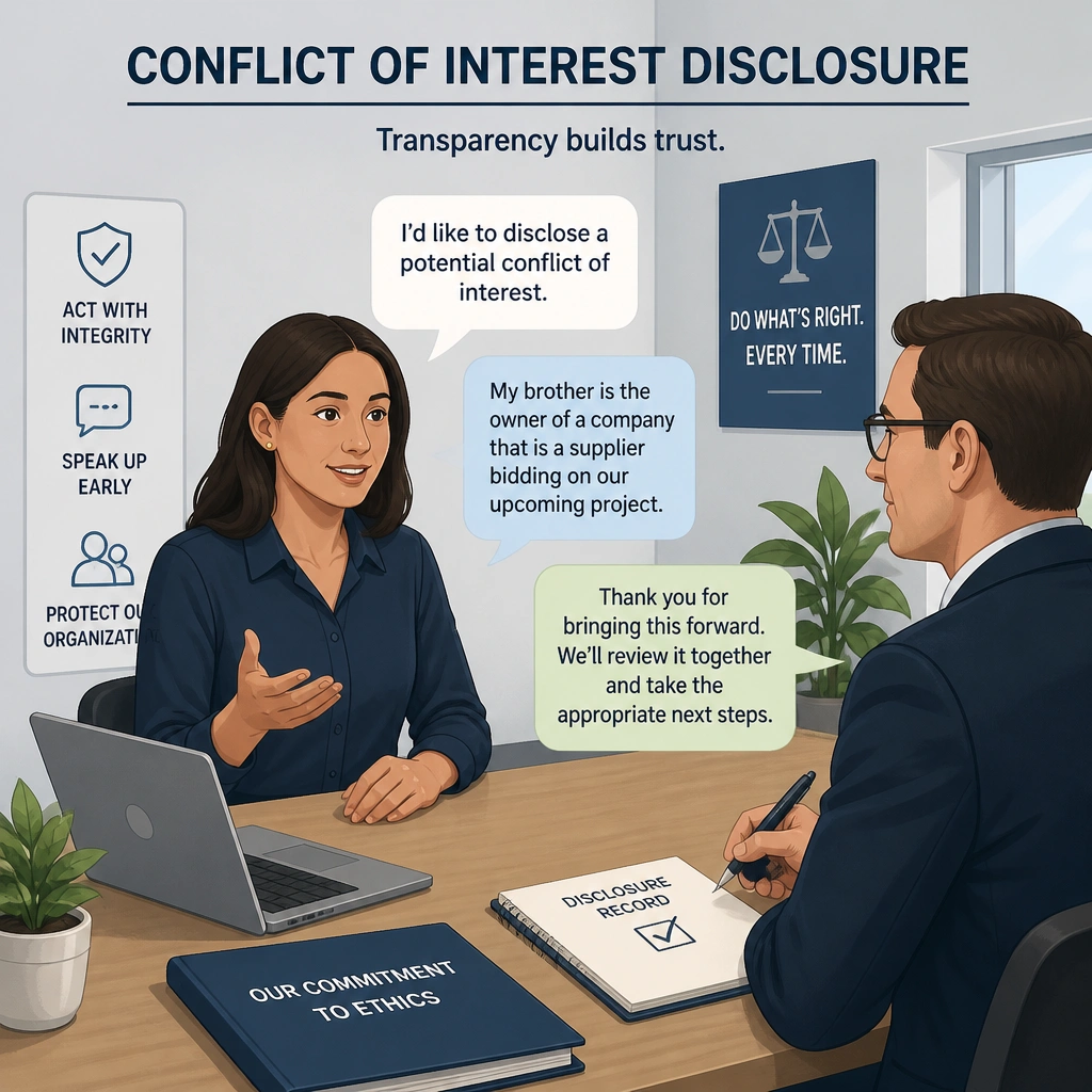 An illustration depicting conflict of interest disclosure, showing an employee proactively disclosing a potential conflict (e.g., family relationship with a supplier) to a manager or compliance officer.