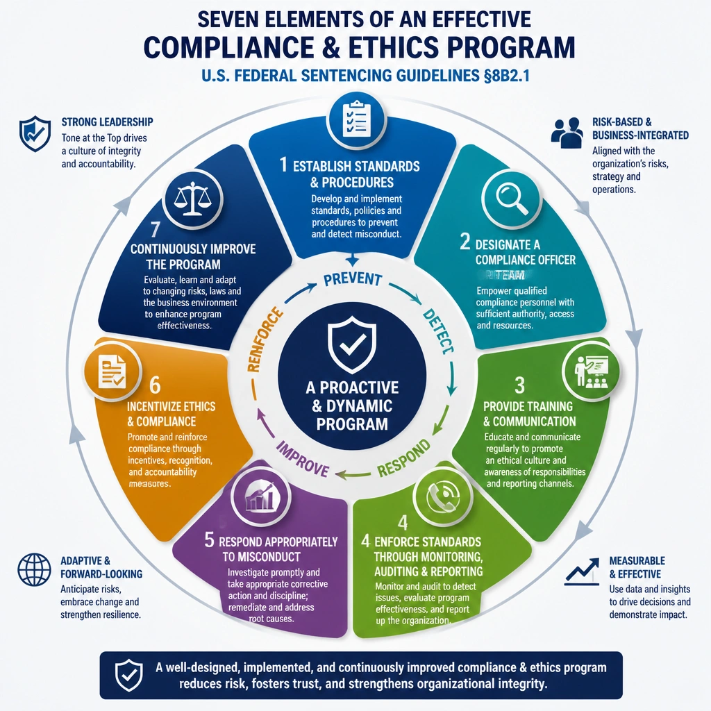 An illustration depicting the seven elements of an effective compliance and ethics program under the U.S. Federal Sentencing Guidelines, demonstrating a proactive and dynamic program.