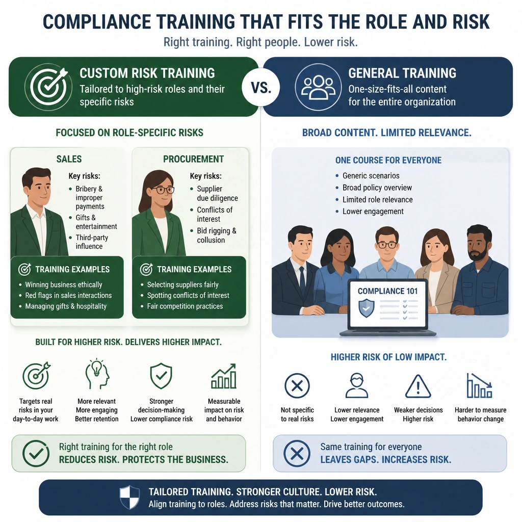An illustration showing compliance training tailored to specific operational roles and risk profiles, comparing custom risk training for high-risk personnel (like sales or procurement) with general training.