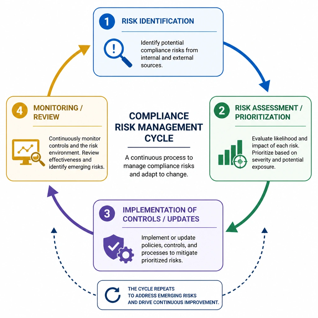 Flowchart illustrating the continuous loop of compliance risk management: 1) Risk Identification, 2) Risk Assessment/Prioritization, 3) Implementation of Controls/Updates, and 4) Monitoring/Review, showing how the cycle repeats to address emerging risks.