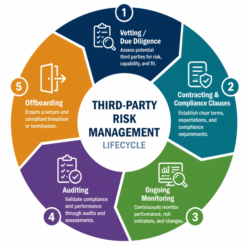 A wheel diagram illustrating the lifecycle stages of Third-Party Risk Management: Vetting/Due Diligence, Contracting & Compliance Clauses, Ongoing Monitoring, Auditing, and Offboarding.
