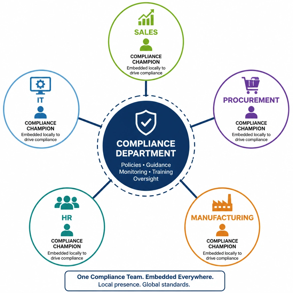 A hub-and-spoke diagram showing the central Compliance Department at the hub, connected to "Compliance Champions" embedded in various outer spokes (Sales, IT, Procurement, HR, Manufacturing) to demonstrate local integration.