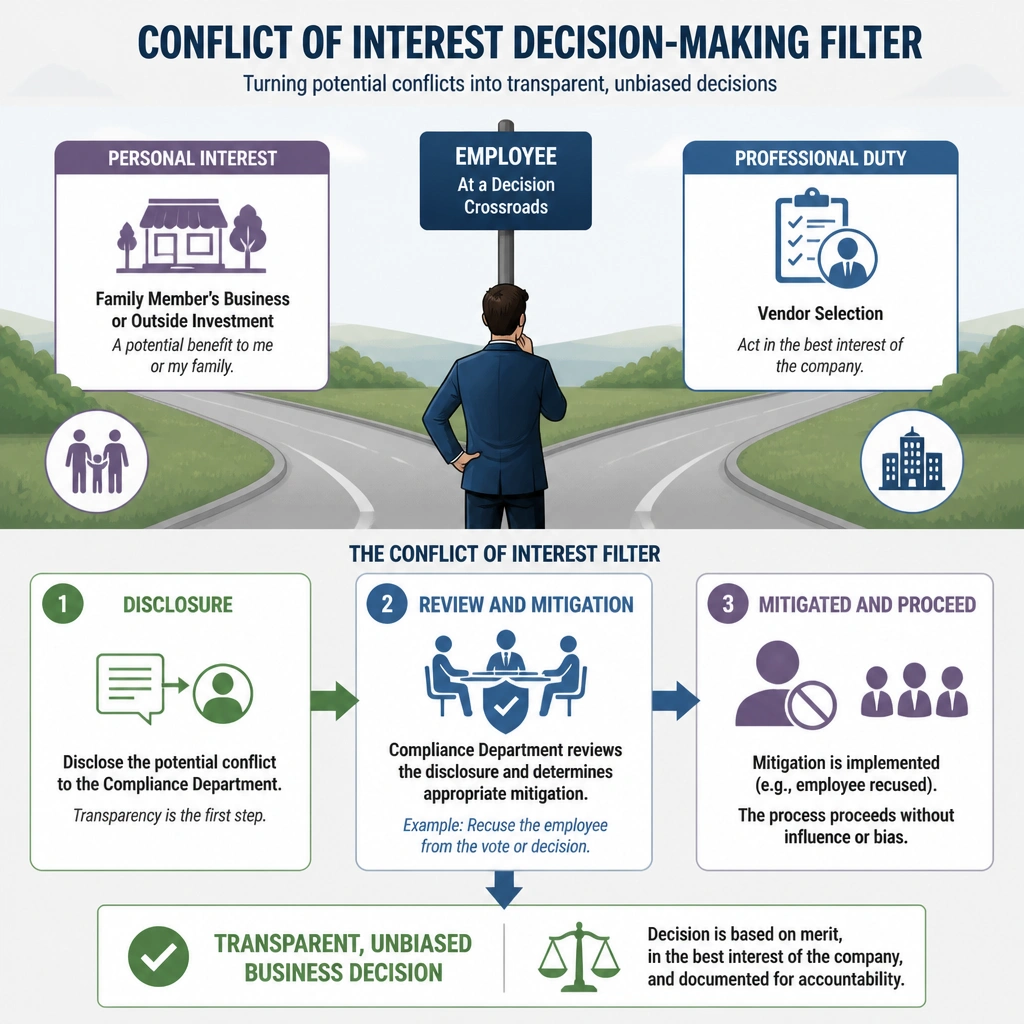 A diagram illustrating a decision-making filter for a conflict of interest. An employee is at a crossroads where a personal interest (represented by a family member's business or outside investment) intersects with a professional duty (vendor selection). The filter requires 'Disclosure' to the 'Compliance Department', which leads to 'Review and Mitigation' (e.g., recusing the employee from the vote), resulting in a transparent, unbiased business decision.