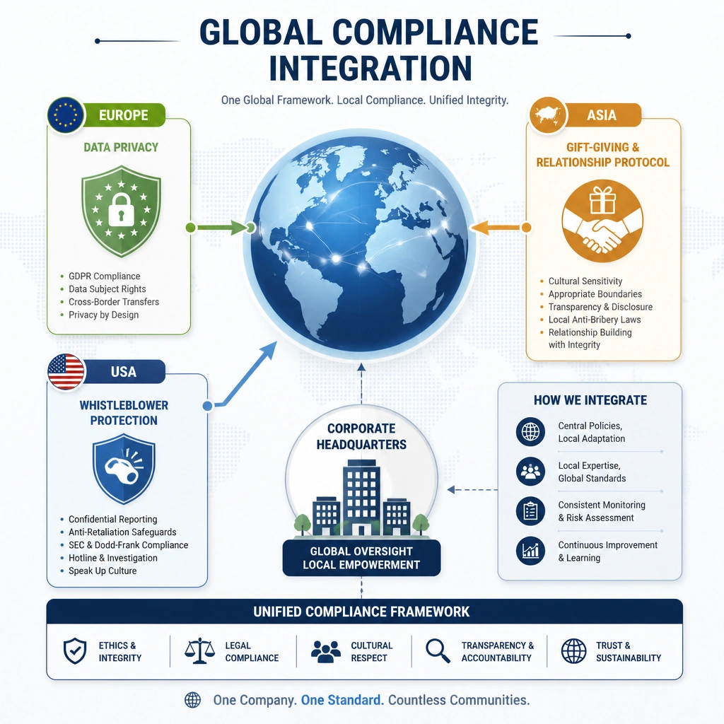 An infographic showing a globe with different regional compliance icons pointing to it: Europe (Data Privacy shield), Asia (Gift-giving handshake protocol), and the USA (Whistleblower protection). The central theme is 'Global Compliance Integration,' depicting how a single corporate headquarters coordinates these localized legal and cultural requirements into a unified compliance framework.