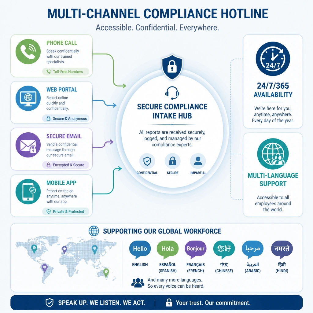 An illustration of a multi-channel compliance hotline dashboard. Icons representing 'Phone Call,' 'Web Portal,' 'Secure Email,' and 'Mobile App' feed into a central, secure compliance intake hub. The graphic emphasizes '24/7/365 Availability' and 'Multi-Language Support' to show accessibility for global employees.