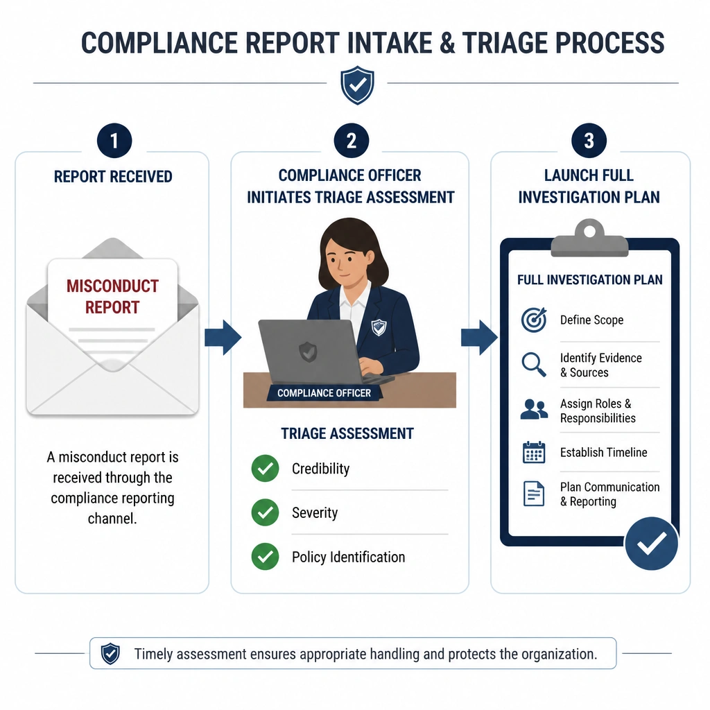 A diagram depicting the intake and triage process of a compliance report. An envelope labeled 'Misconduct Report' is received by a Compliance Officer, who immediately initiates a 'Triage Assessment' (represented by checkmarks for Credibility, Severity, and Policy Identification) before launching the 'Full Investigation Plan'.