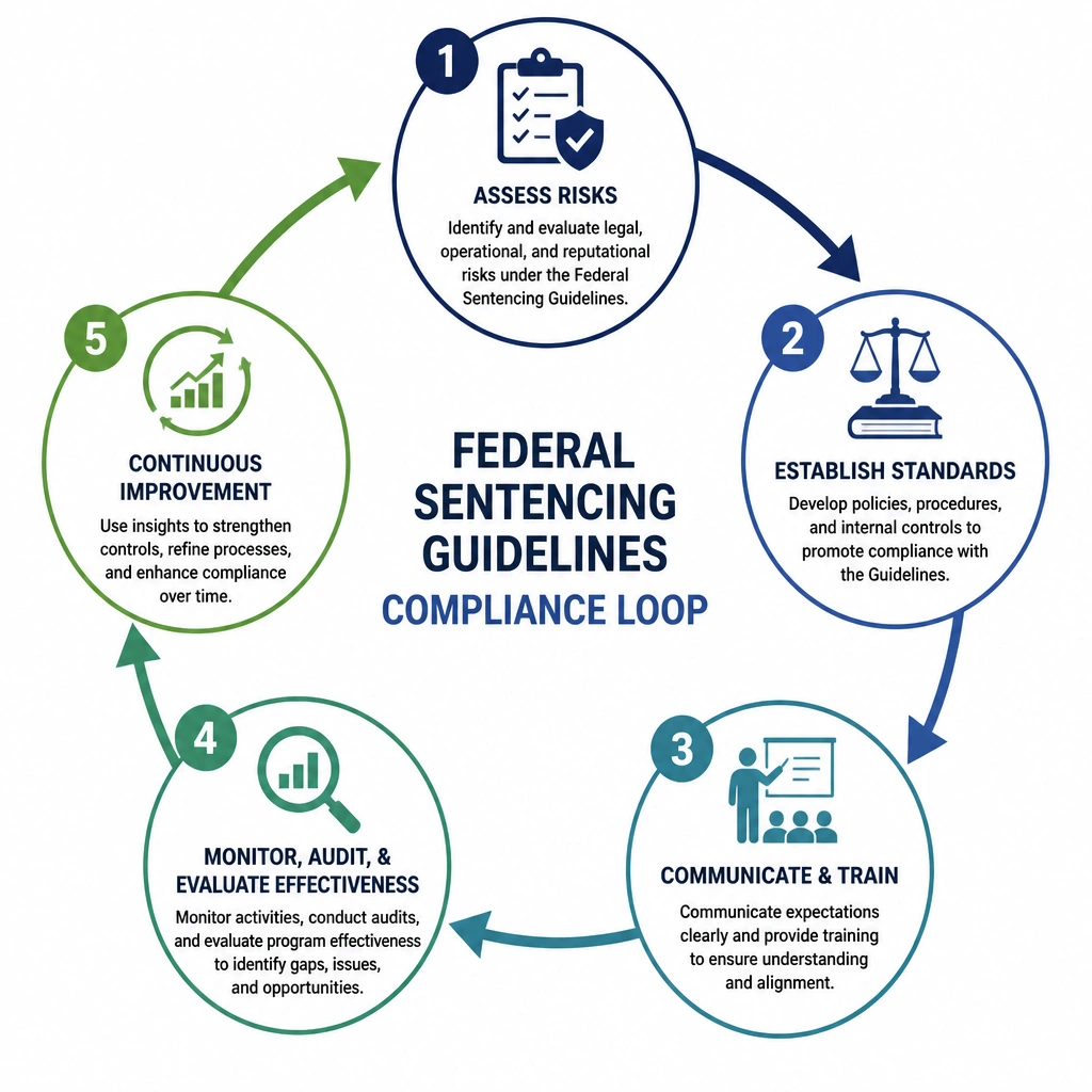 A cycle diagram showing the steps of the Federal Sentencing Guidelines' compliance loop: starting with 'Assess Risks,' moving to 'Establish Standards,' 'Communicate & Train,' and focusing on 'Monitor, Audit, & Evaluate Effectiveness' to drive 'Continuous Improvement'.