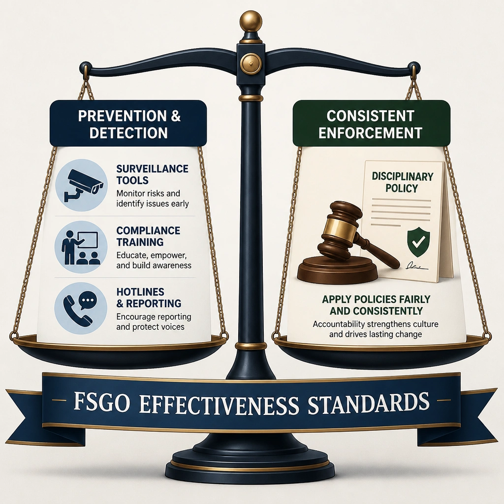 A graphic depicting two scales: one side labeled "Prevention & Detection" showing surveillance tools, compliance training, and hotlines; the other side labeled "Consistent Enforcement" showing a gavel or disciplinary policy document. A banner across both scales reads "FSGO Effectiveness Standards".