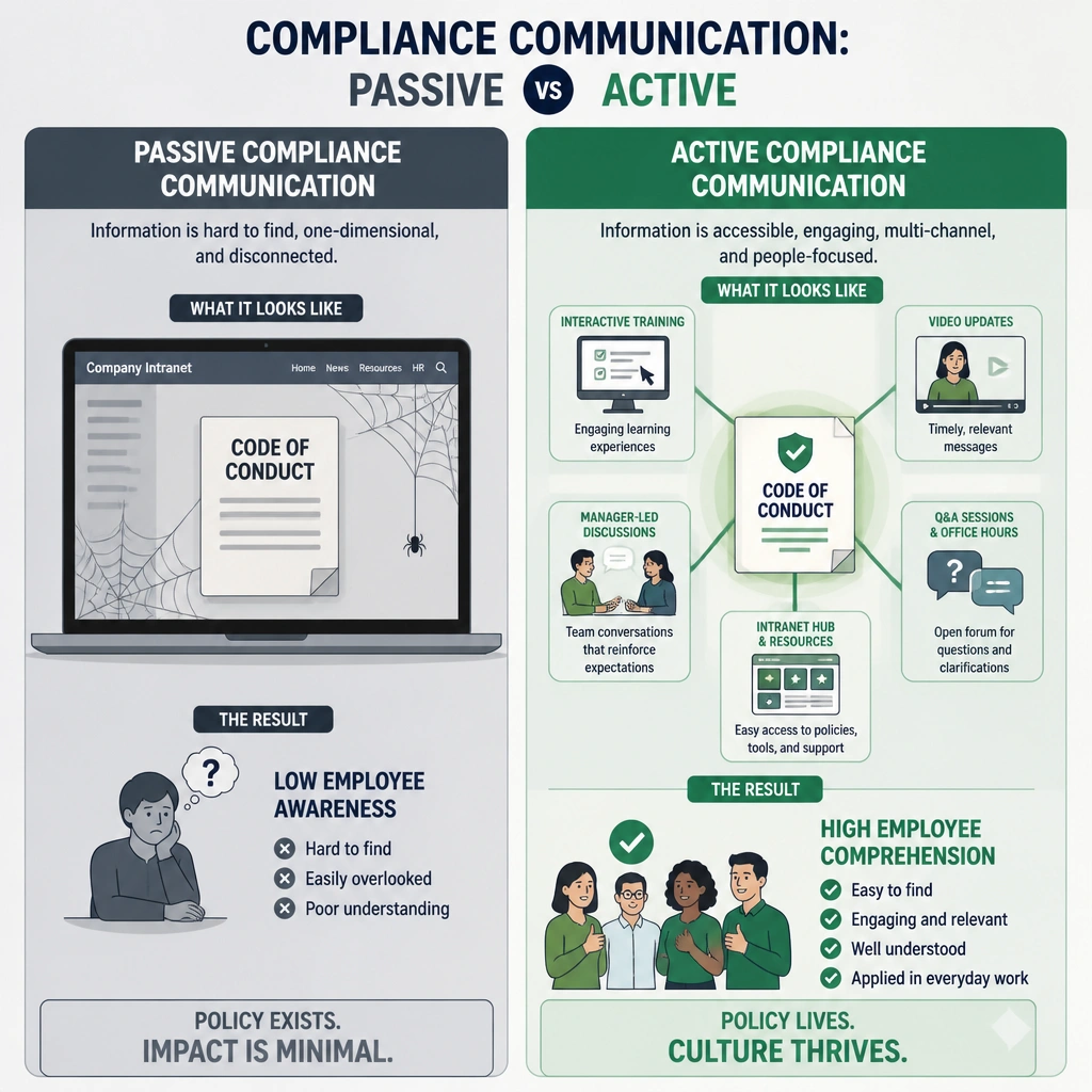 An infographic comparing 'Passive Compliance Communication' (a lonely Code of Conduct document sitting on a website with a spiderweb, resulting in low employee awareness) versus 'Active Compliance Communication' (a central Code of Conduct branching out to various channels like interactive training, video updates, manager-led discussions, and Q&A sessions, resulting in high employee comprehension).