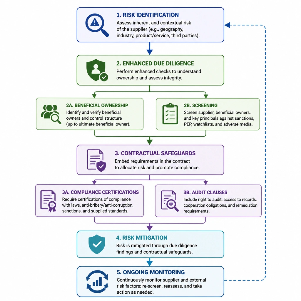 A decision-tree diagram showing the workflow for high-risk supplier mitigation: progressing from risk identification, to enhanced due diligence (checks on beneficial ownership, screening), to contractual safeguards (compliance certifications and audit clauses), resulting in risk mitigation and ongoing monitoring.