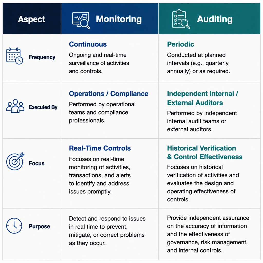 A side-by-side comparison table outlining: 1) Monitoring: continuous frequency, executed by operations/compliance, focus on real-time controls; 2) Auditing: periodic frequency, executed by independent internal/external auditors, focus on historical verification and control effectiveness.