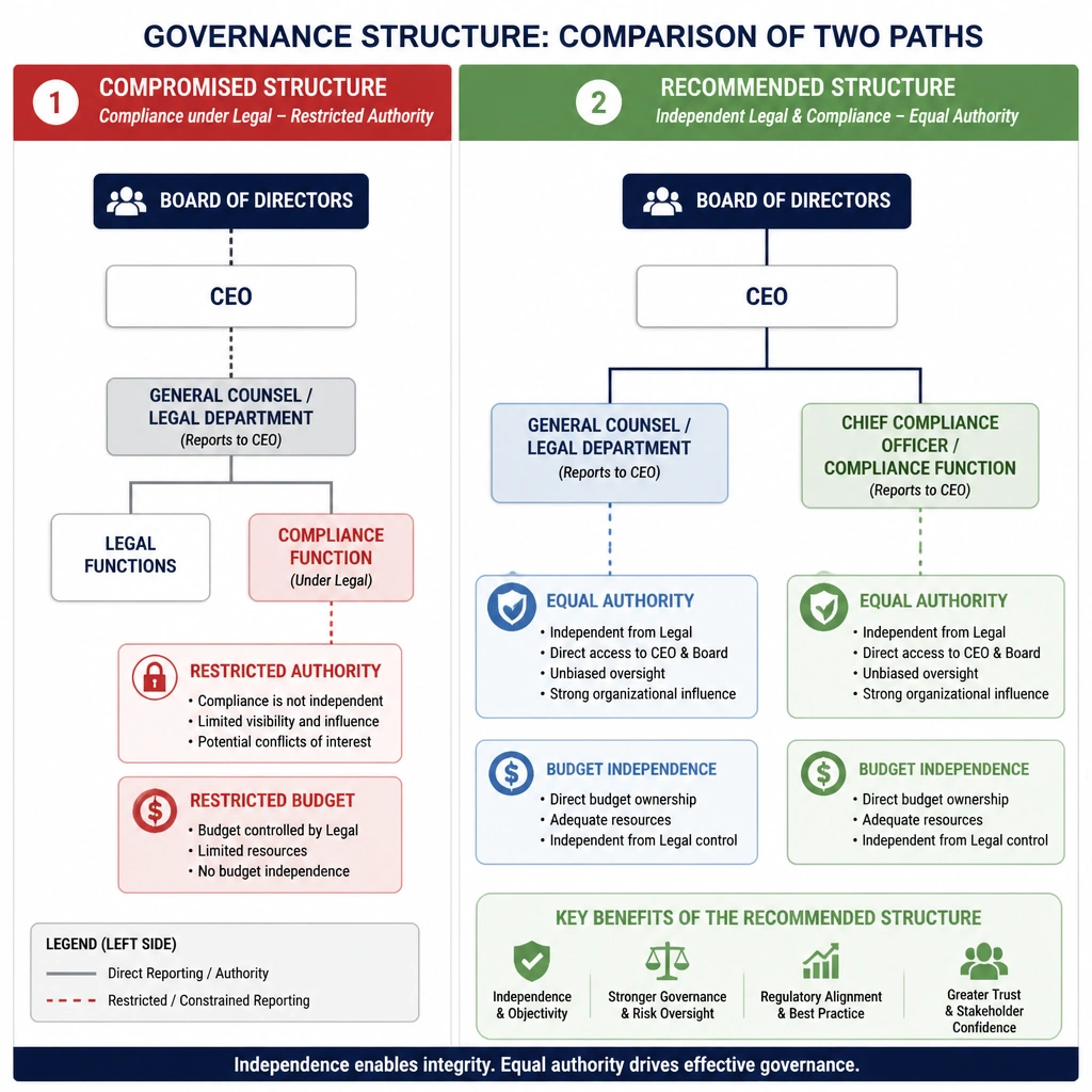 A governance organization chart displaying two paths: 1) A compromised structure where Compliance is under the General Counsel / Legal Department, showing restricted budget and reporting lines, and 2) A recommended structure where both Legal and Compliance report independently to the CEO and Board of Directors, ensuring equal authority and budget independence.