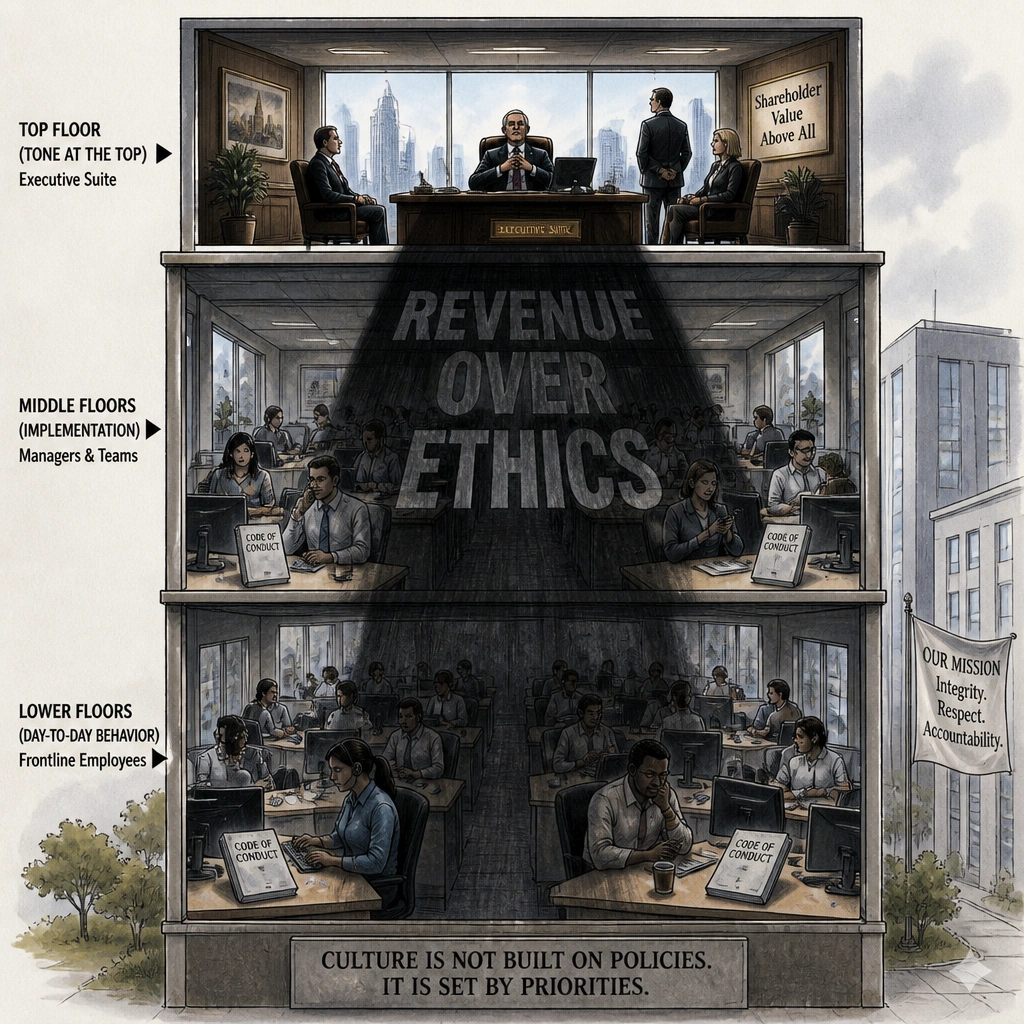 A conceptual drawing of a corporate building, with the executive suite at the top casting a shadow of 'Revenue Over Ethics' downward, causing the middle and lower floors to ignore the Code of Conduct manuals on their desks, illustrating how a poor 'tone at the top' corrupts the compliance culture.