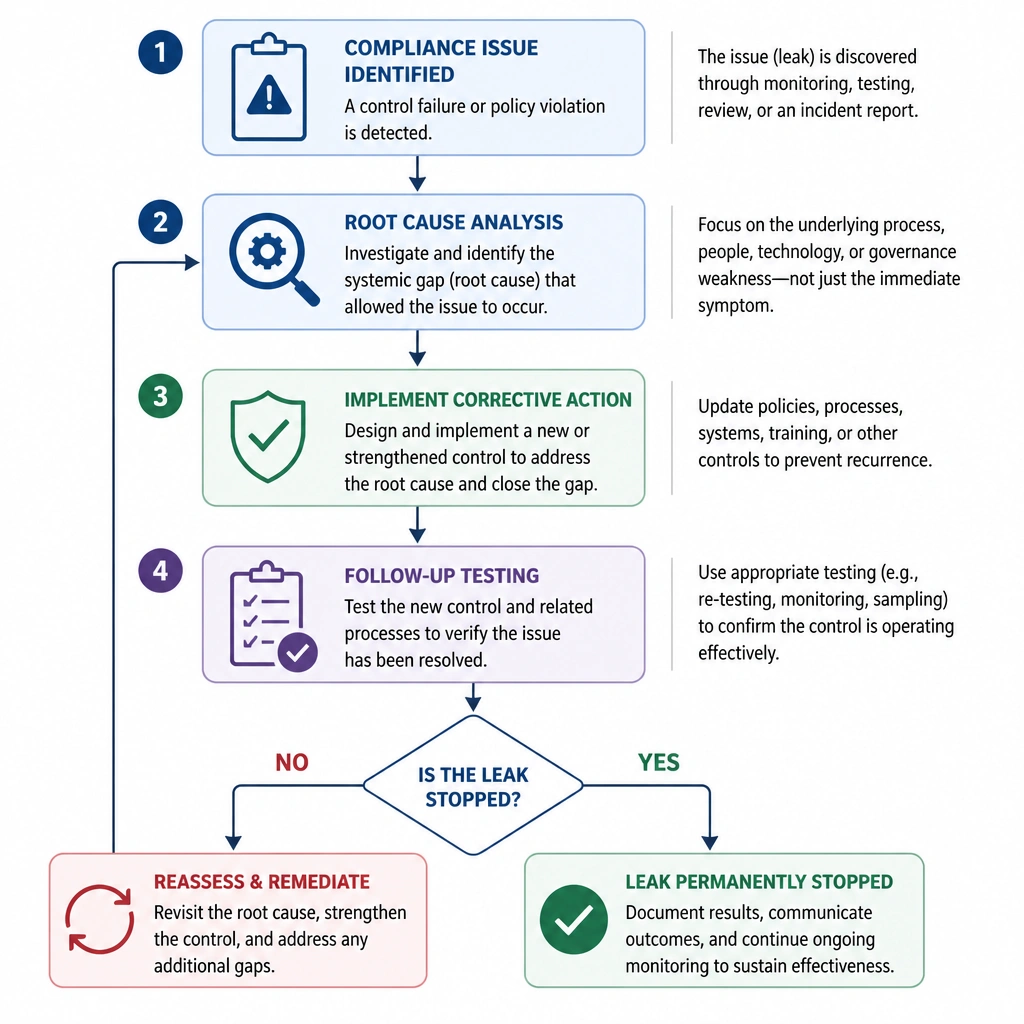 A flowchart representing a root-cause analysis and corrective action process: starting from a compliance issue, identifying the systemic gap (the root cause), implementing a new control, and conducting follow-up testing to verify that the leak has been permanently stopped.