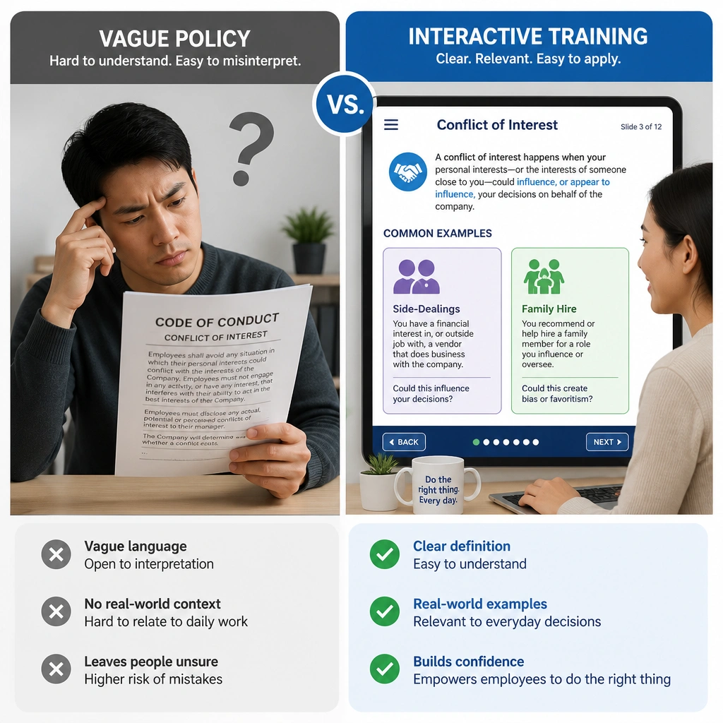 A comparison of an employee reading a vague policy with a question mark over their head versus an interactive training slide that defines conflict of interest and walks through common examples like side-dealings and family hire scenarios.