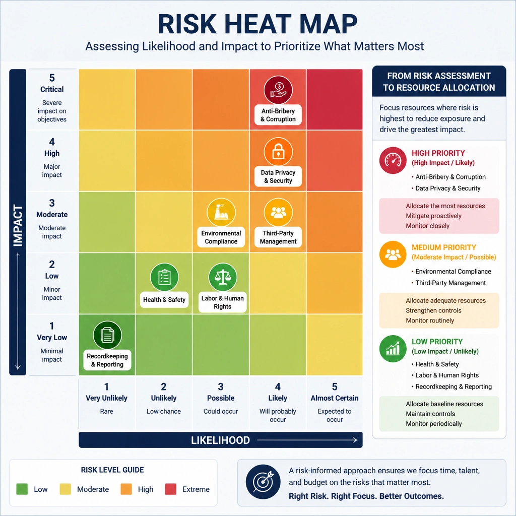 A risk heat map showing risk categories (like anti-bribery, data privacy, environmental compliance) plotted on a grid measuring likelihood versus impact, showcasing how risk assessment drives resource allocation.