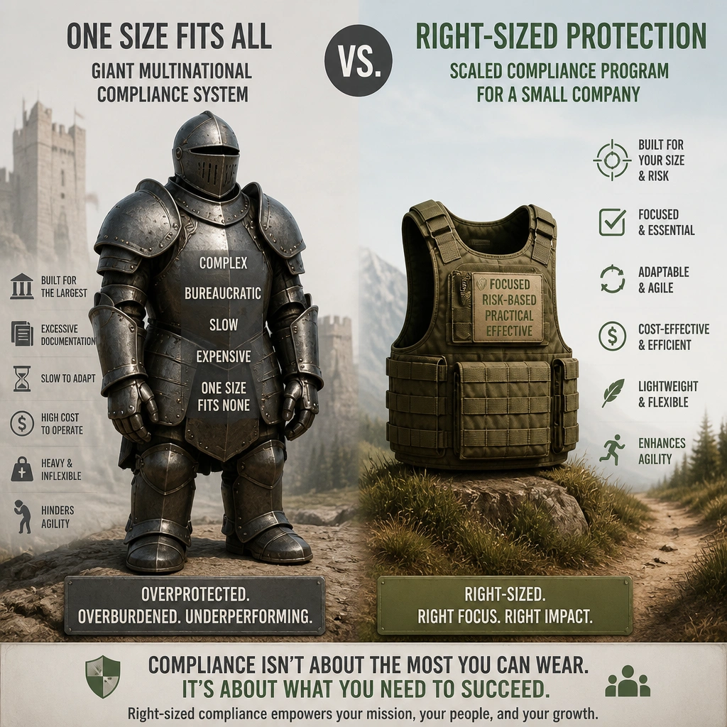 A conceptual illustration comparing a heavy, rigid suit of armor (representing a giant multinational compliance system) with a light, flexible tactical vest (representing a scaled compliance program for a small company), highlighting right-sized protection.