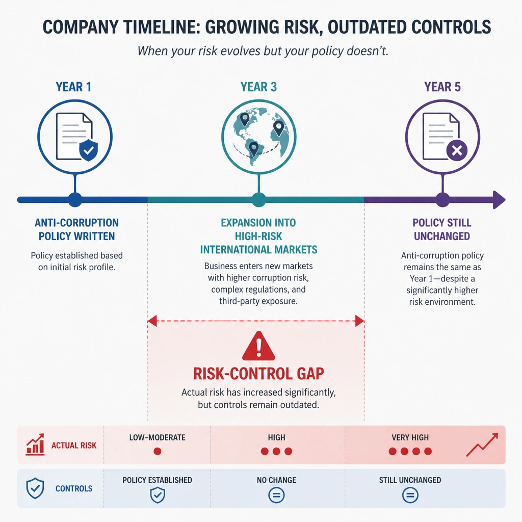 A timeline visual showing a company's timeline: Year 1 (Anti-corruption policy written) -> Year 3 (Expansion into high-risk international markets) -> Year 5 (Policy still unchanged), with a red caution flag highlighting the gap between actual risk and outdated controls.