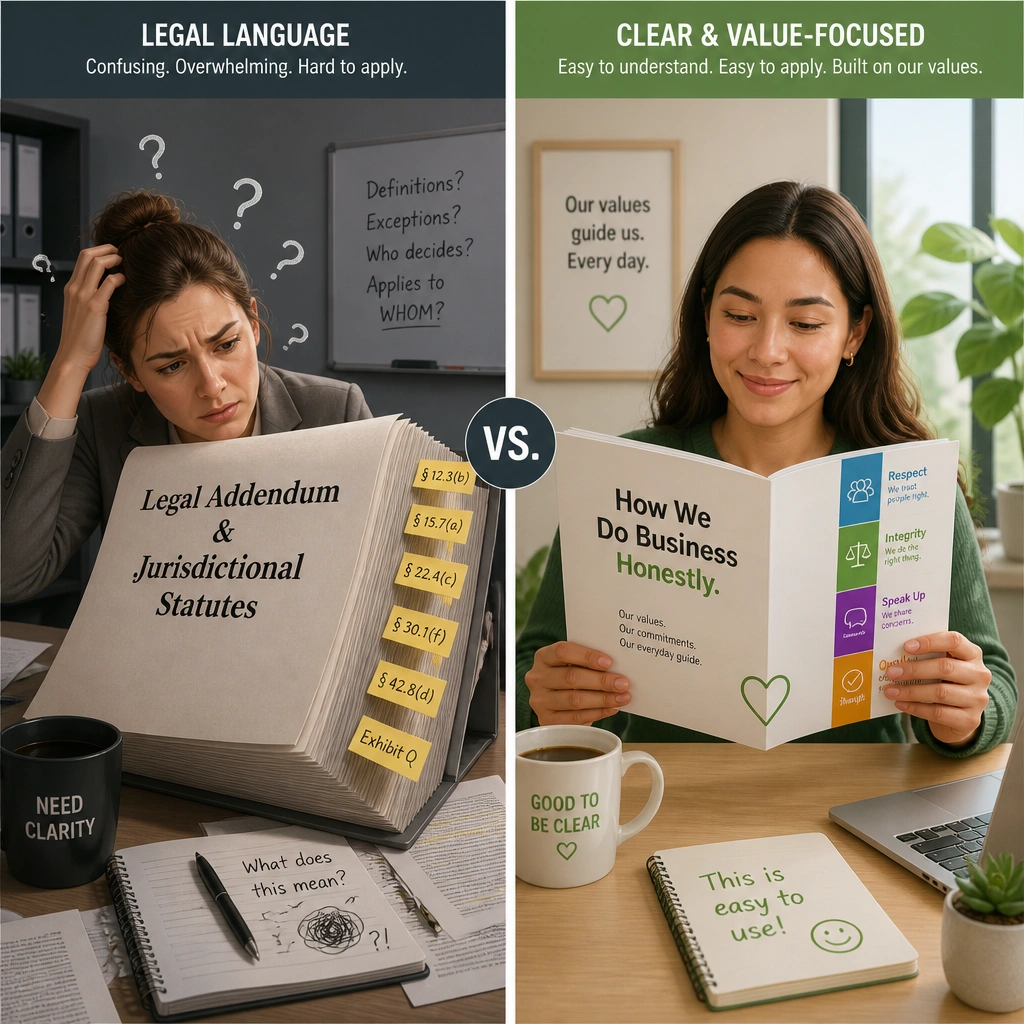 A split illustration showing a confused employee attempting to decipher a thick, dry document titled "Legal Addendum & Jurisdictional Statutes" versus another employee comfortably reading a clear, value-focused guide titled "How We Do Business Honestly."