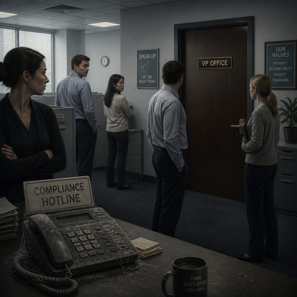 A conceptual illustration of an office environment where employees stand in silence, glancing nervously toward a closed office door marked "VP Office," while a dusty "Compliance Hotline" telephone sits ignored on a nearby desk.