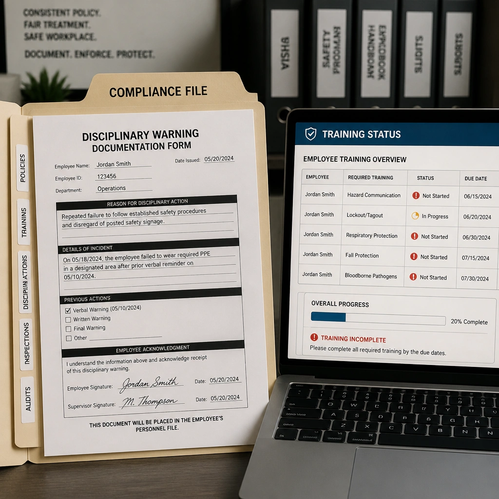 A compliance file folder showing a documented disciplinary warning form next to an incomplete training status screen, symbolizing consistent policy enforcement and regulatory documentation.