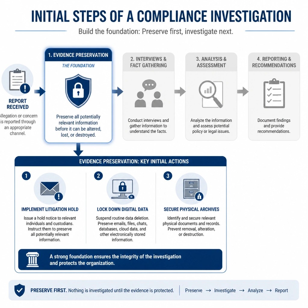 A diagram showing the initial steps of a compliance investigation, highlighting the 'Evidence Preservation' phase as the foundational first step. The diagram should emphasize the transition from receiving a report to implementing a litigation hold, locking down digital data, and securing physical archives, before proceeding to interviews or reporting.