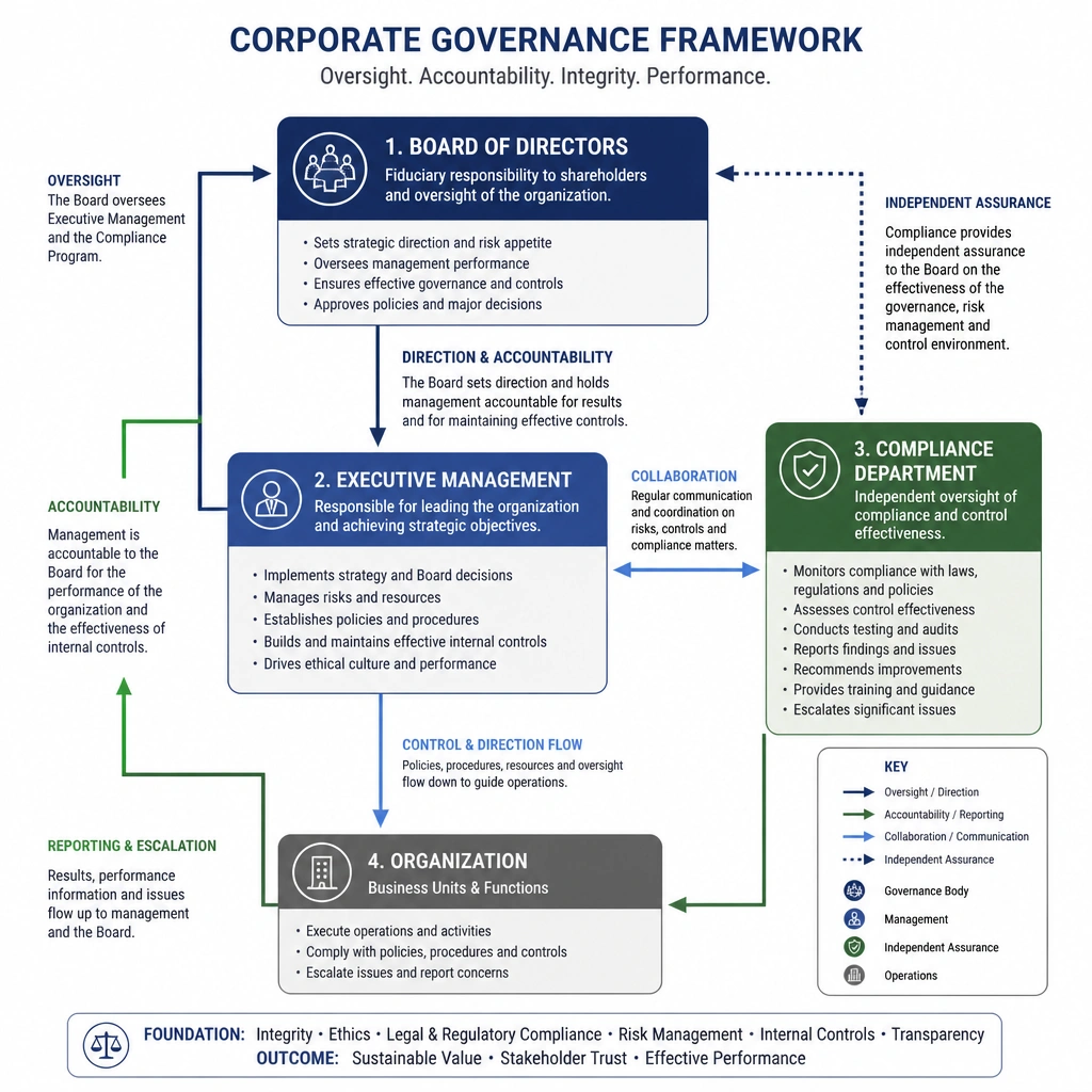 A corporate governance framework diagram illustrating the relationship between the Board of Directors, Executive Management, and the Compliance Department, highlighting key concepts of accountability, oversight, and control flow that govern the entire organization.