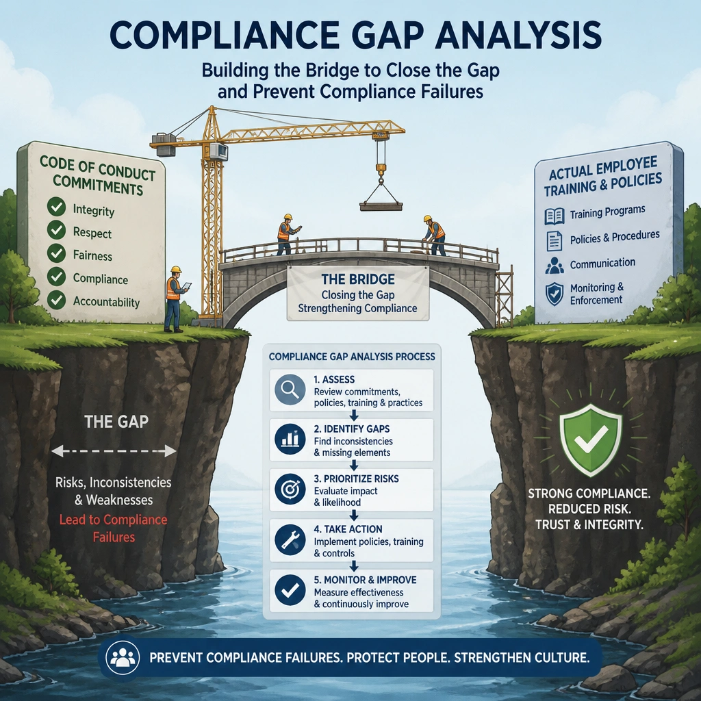 An illustration of a 'Compliance Gap Analysis' process, showing a bridge being built to close the gap between 'Code of Conduct Commitments' (on one side) and 'Actual Employee Training & Policies' (on the other side) to prevent compliance failures.