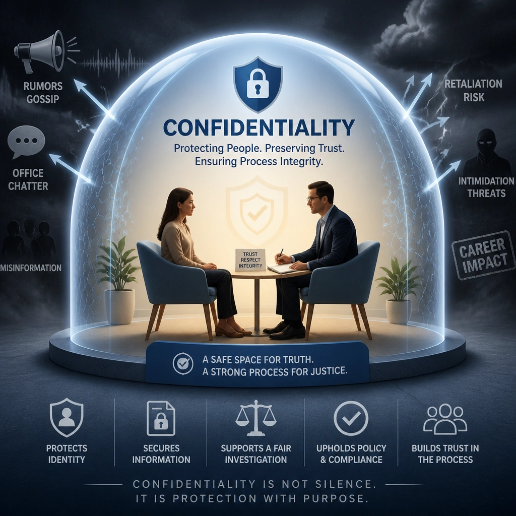 A conceptual graphic depicting 'Confidentiality' in compliance investigations as a protective dome sheltering a witness and an investigator, blocking out external noise and retaliation risks, representing trust and process integrity.