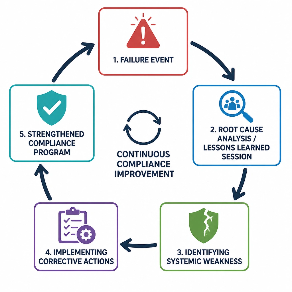 A flowchart showing the loop of continuous compliance improvement: Failure Event -> Root Cause Analysis / Lessons Learned Session -> Identifying Systemic Weakness -> Implementing Corrective Actions -> Strengthened Compliance Program.