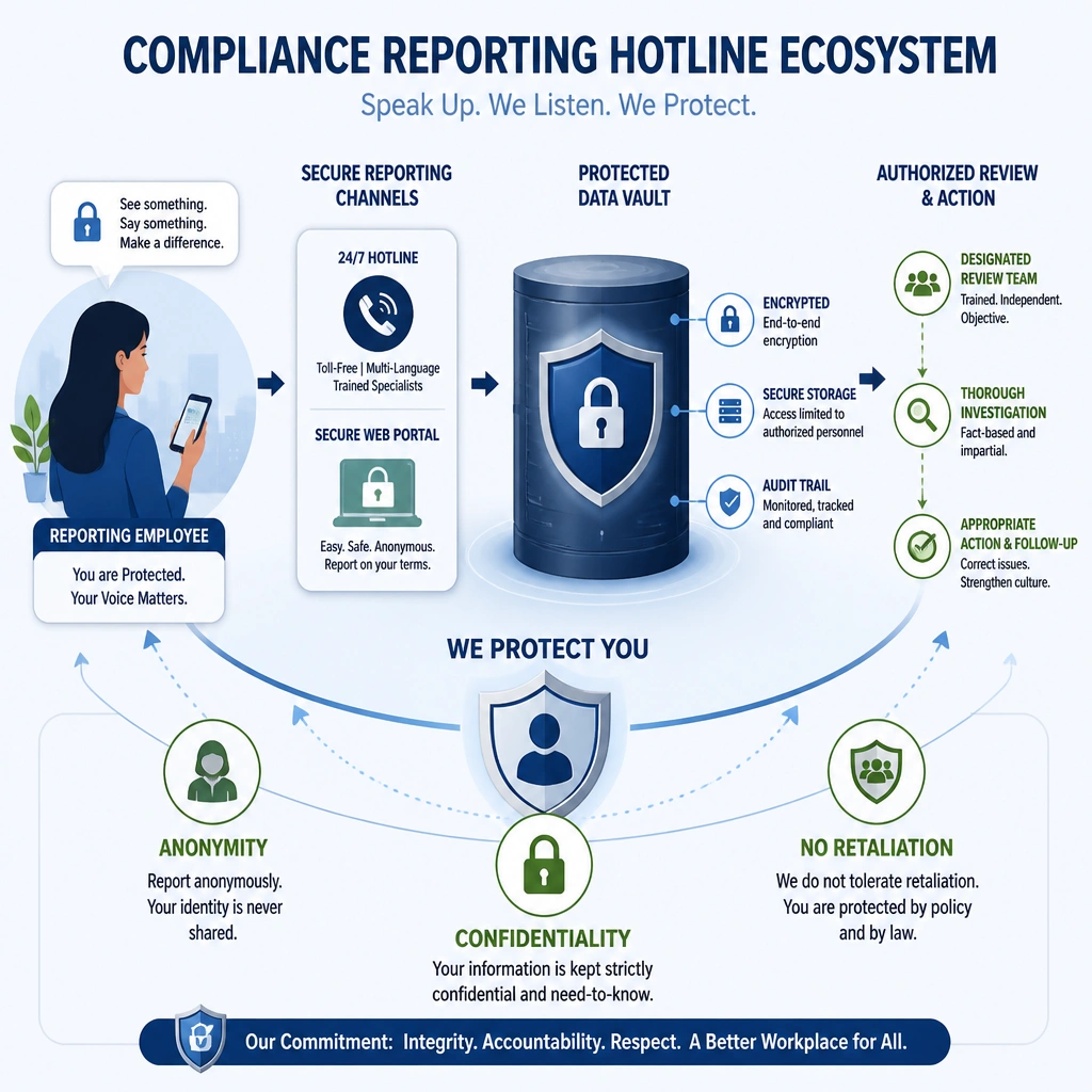 An illustration of a compliance reporting hotline ecosystem, showing a secure phone/web icon connected to a shielded data vault, with labels emphasizing 'Anonymity', 'Confidentiality', and 'No Retaliation' protecting the reporting employee.