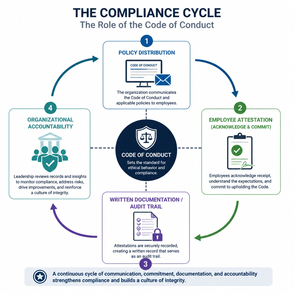 A visual workflow of the compliance cycle showing the role of the Code of Conduct. It should show 'Policy Distribution' leading to 'Employee Attestation (Acknowledge & Commit)' which results in 'Written Documentation / Audit Trail' and feeds back into 'Organizational Accountability.'