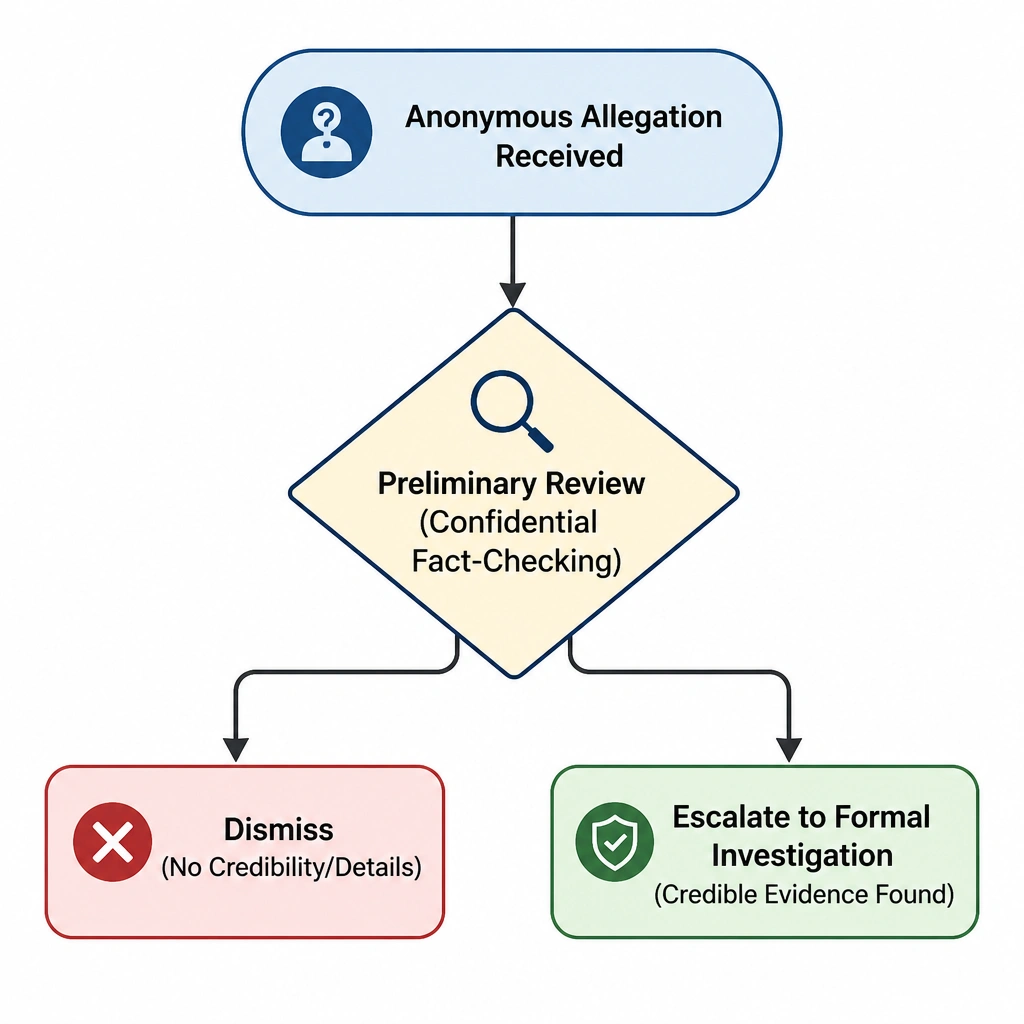 A flowchart depicting the initial stages of the compliance investigation process. The flow starts with 'Anonymous Allegation Received', moves to a decision gate of 'Preliminary Review (Confidential Fact-Checking)', which splits into 'Dismiss (No Credibility/Details)' or 'Escalate to Formal Investigation (Credible Evidence Found).'