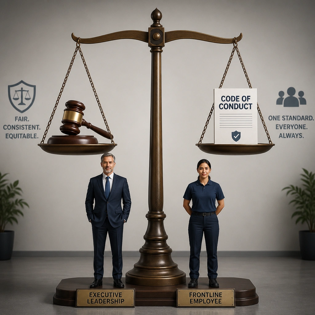 A balanced scale showing a gavel on one side and a document labeled "Code of Conduct" on the other. Two figures—one representing executive leadership and the other representing a frontline employee—stand equally under the scales, symbolizing equal and consistent application of discipline.