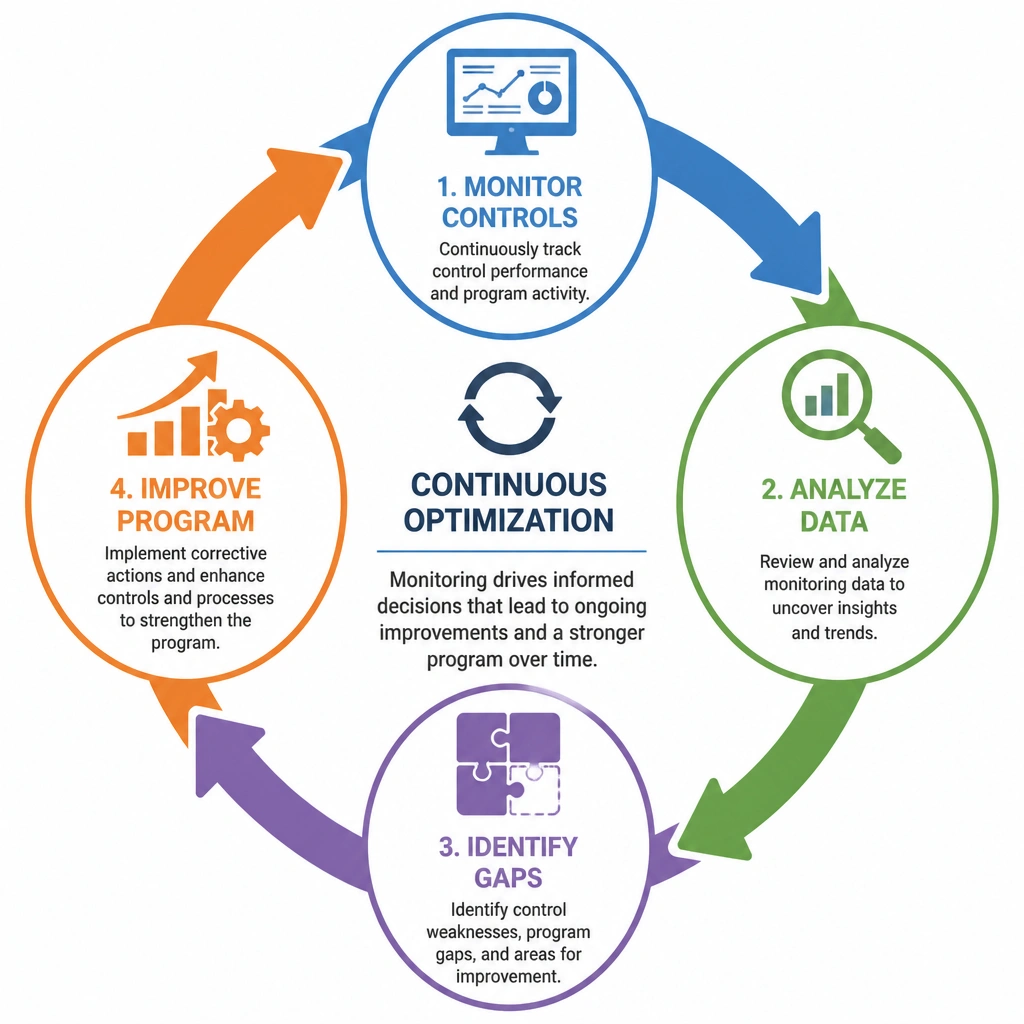 An illustration of a continuous circular cycle representing a feedback loop: "Monitor Controls" -> "Analyze Data" -> "Identify Gaps" -> "Improve Program", showing how monitoring drives continuous optimization.